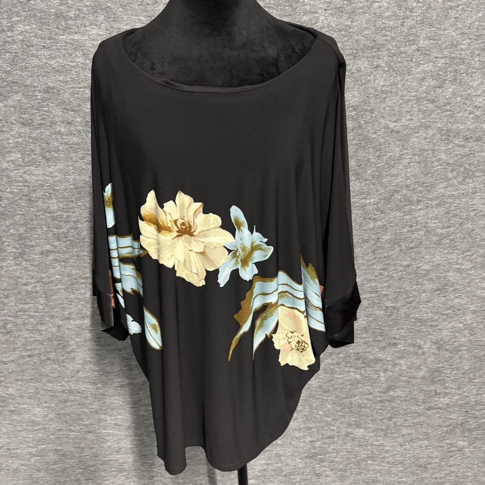 Frank Lyman Blouse Womens 14 Black Floral Kimono Sleeve Scoop Neck Tunic Top - Picture 6 of 13